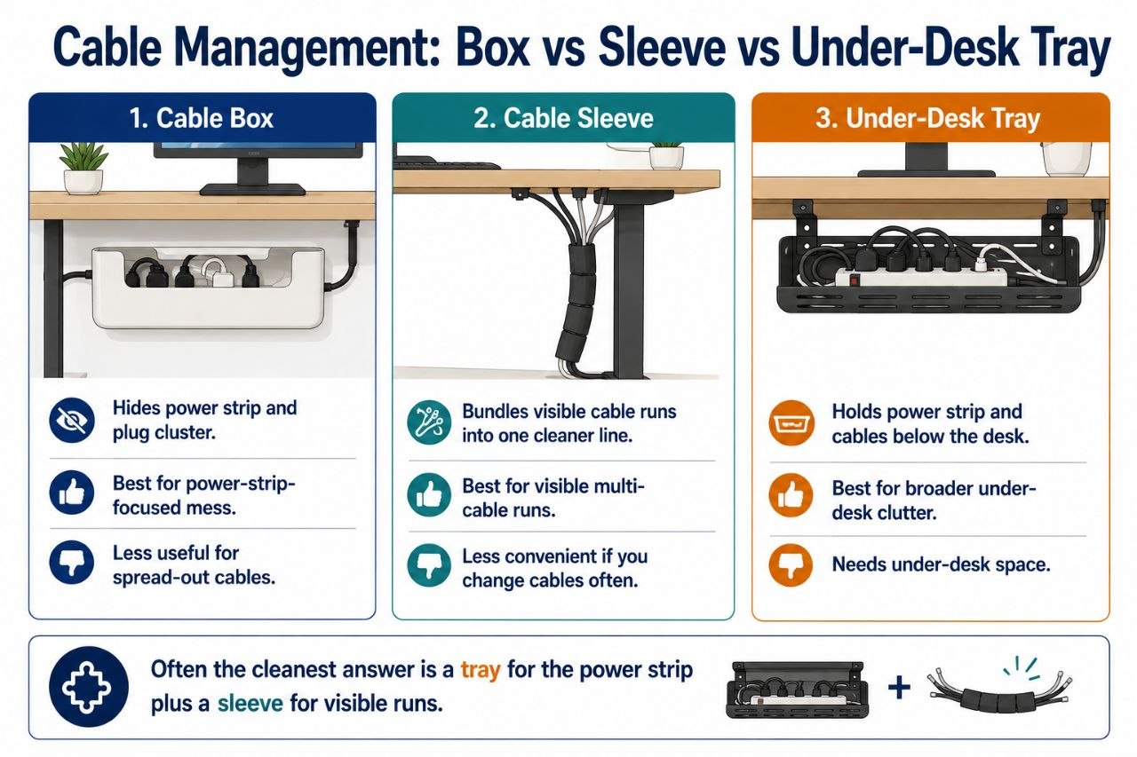 Cable Management: Box vs Sleeve vs Under-Desk Tray