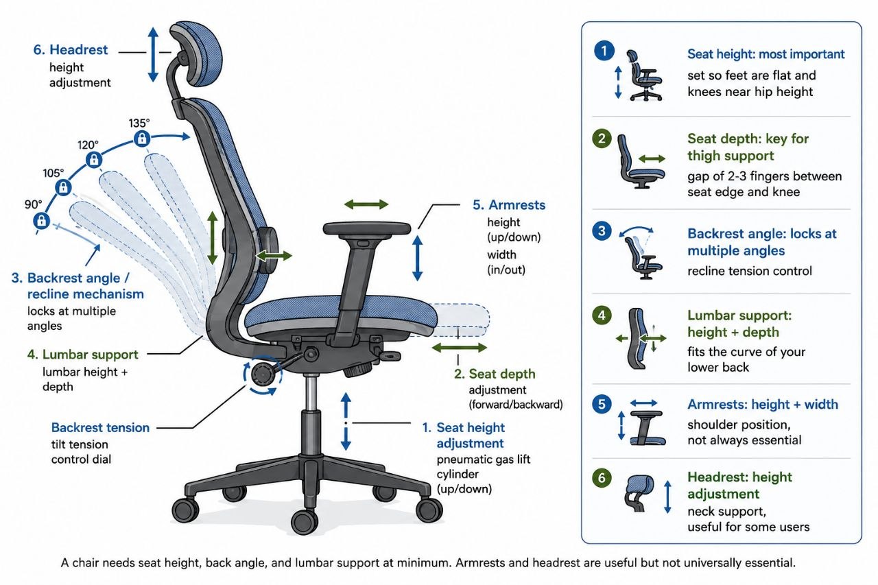 Ergonomic office chair adjustability diagram: seat height, depth, backrest angle, lumbar support, armrests, and headrest.