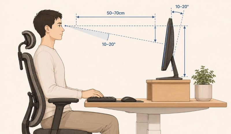 Ergonomic monitor setup diagram with viewing distance 50-70cm, gaze angle 10-20 degrees, and screen tilt guidance.