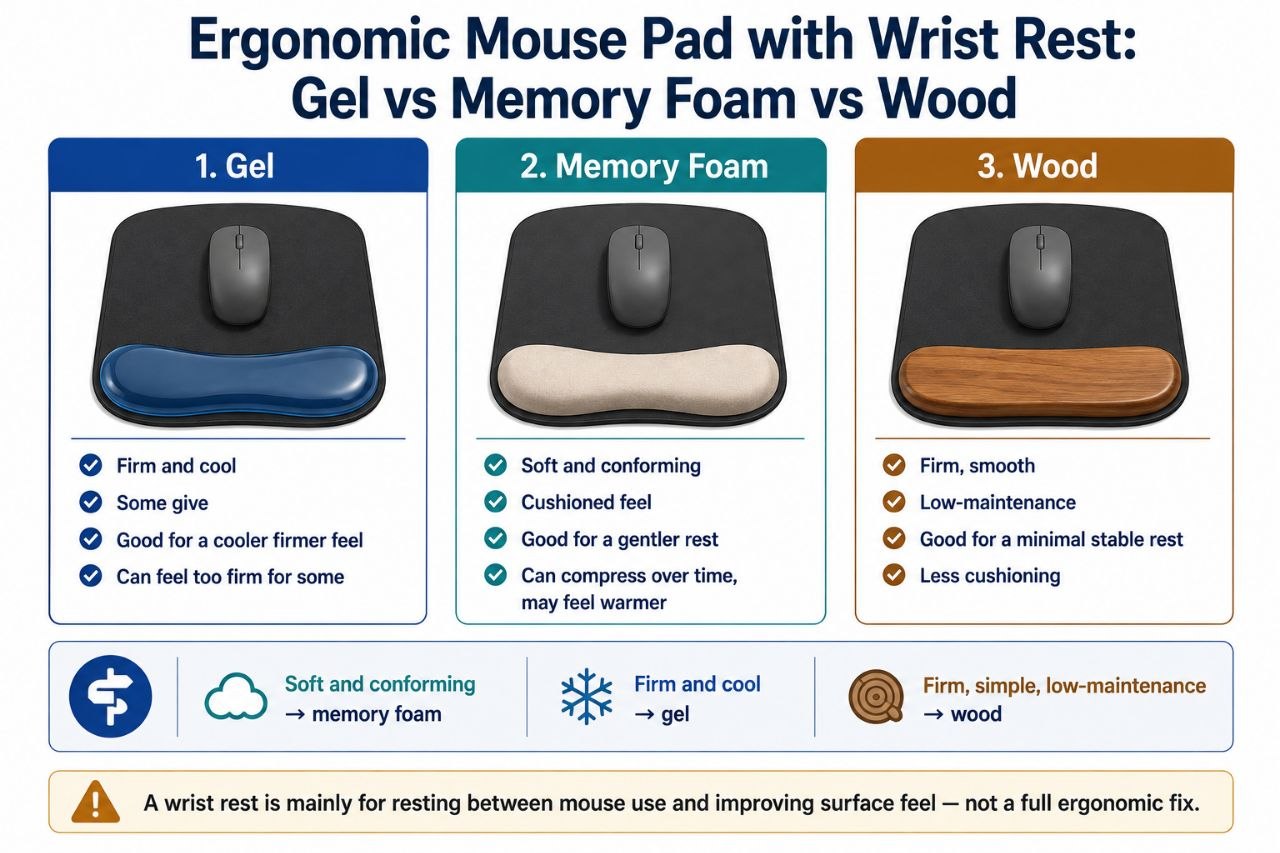 Infographic comparing gel, memory foam, and wood ergonomic mouse pad wrist rests by feel, fit, and maintenance.