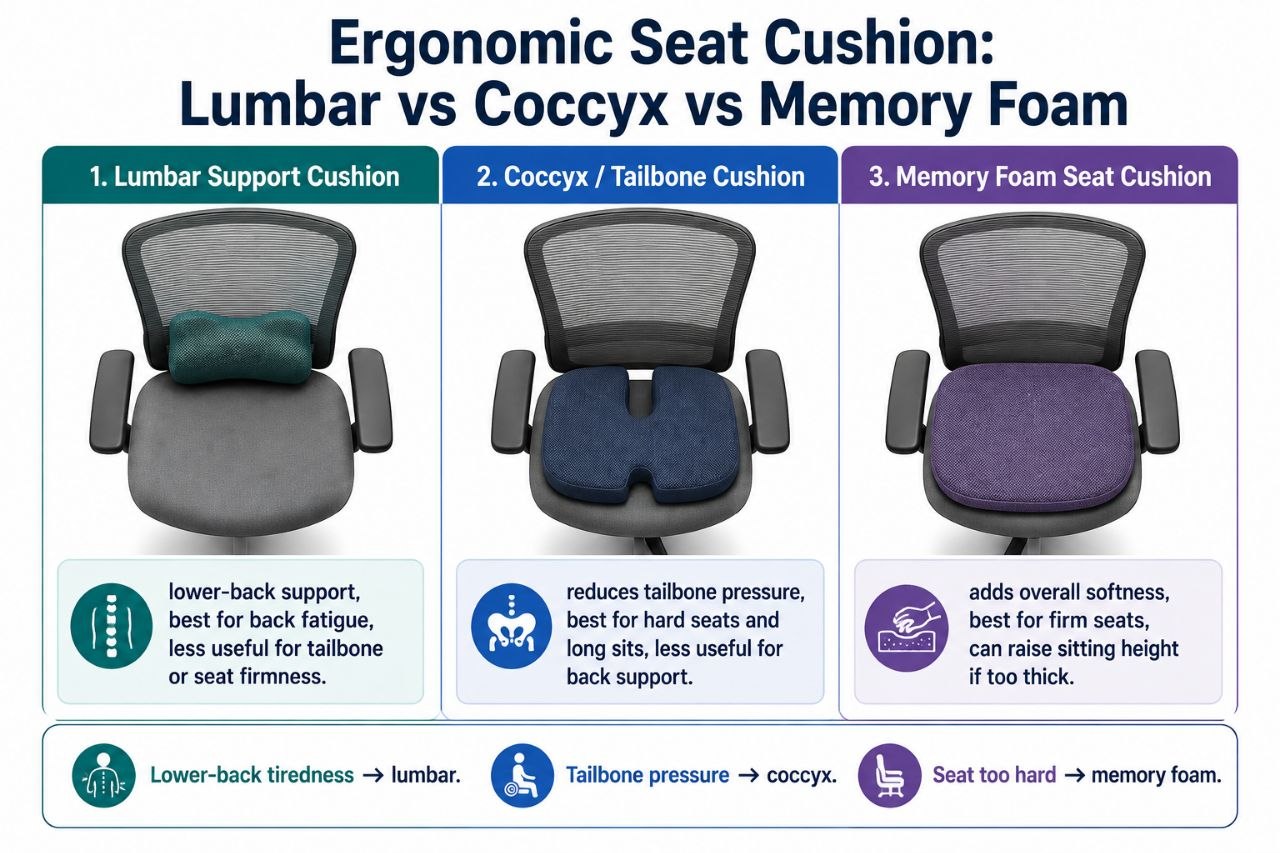 Infographic comparing lumbar, coccyx, and memory foam ergonomic seat cushions and which discomfort each helps.