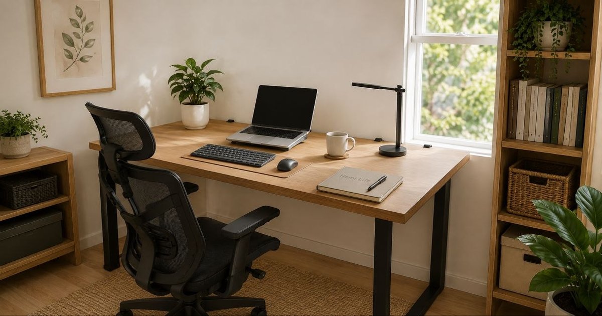 Hemi Life home office philosophy - minimalist workspace with Home Life notebook