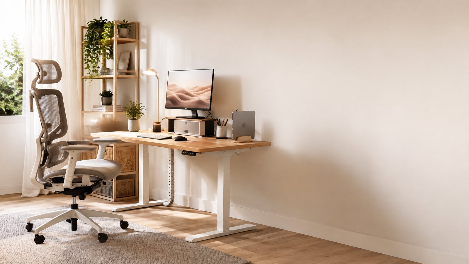 Clean modern home office workspace with ergonomic chair and warm lighting