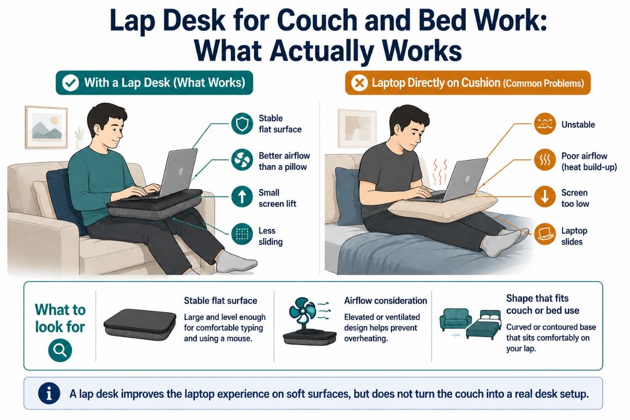 Infographic showing lap desk benefits for couch and bed work versus placing a laptop on a soft cushion.