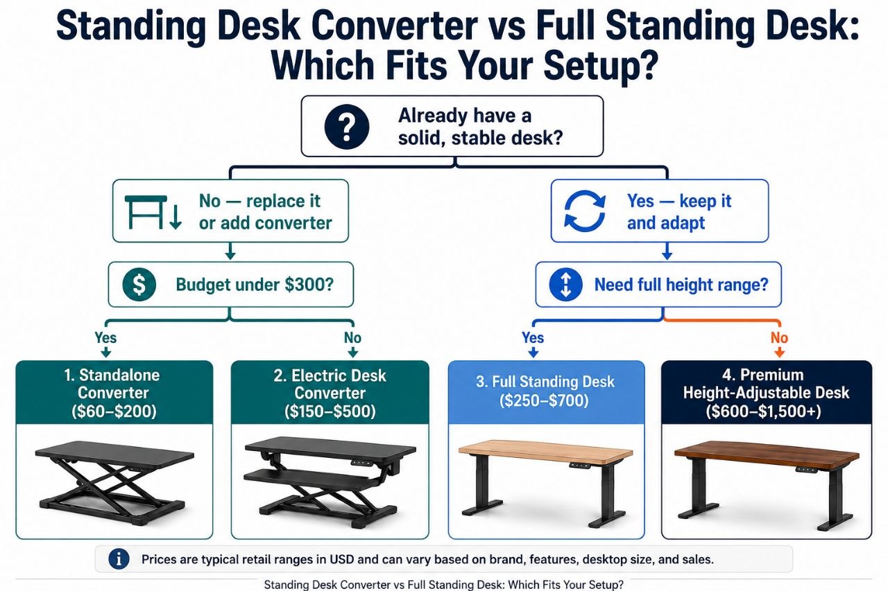 Decision flowchart comparing a standing desk converter versus a full standing desk for home office setups.