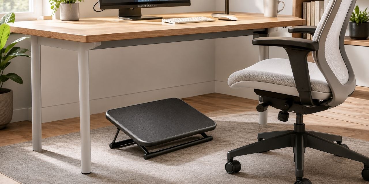 Under-desk footrest close-up with angled textured platform, adjustable height and tilt, and a compact under-desk footprint.