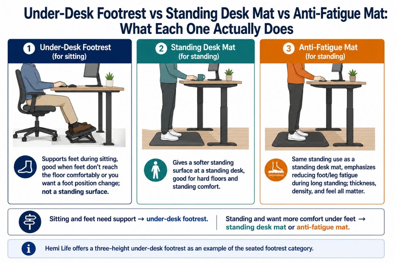 Under-Desk Footrest vs Standing Desk Mat vs Anti-Fatigue Mat: What Each One Actually Does