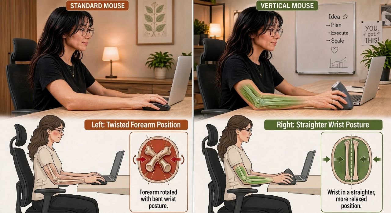Hand posture comparison: flat regular mouse forces forearm pronation versus vertical ergonomic mouse in neutral handshake position.