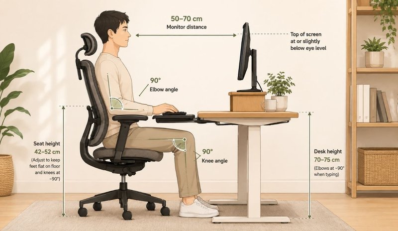 Side-view workstation diagram showing supported feet, relaxed elbows and monitor positioning.