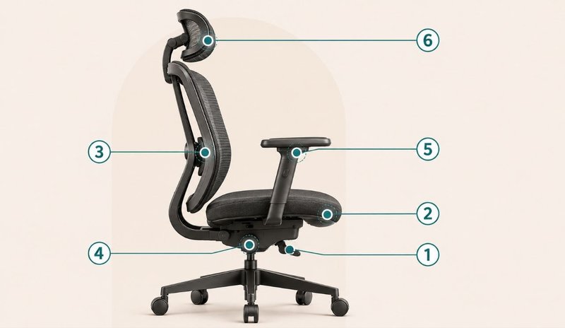 Office chair diagram marking seat height, seat depth, lumbar support, tilt, armrest and headrest adjustments.