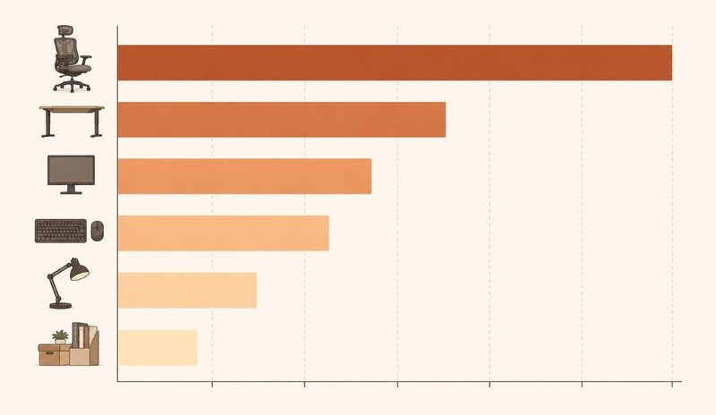 Illustrative budget allocation chart comparing chair, desk, screen, input devices, lighting and organization.