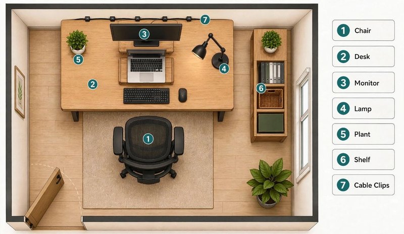 Top-down home office floor plan with desk, chair, monitor, lamp, plants, shelf and cable clips.